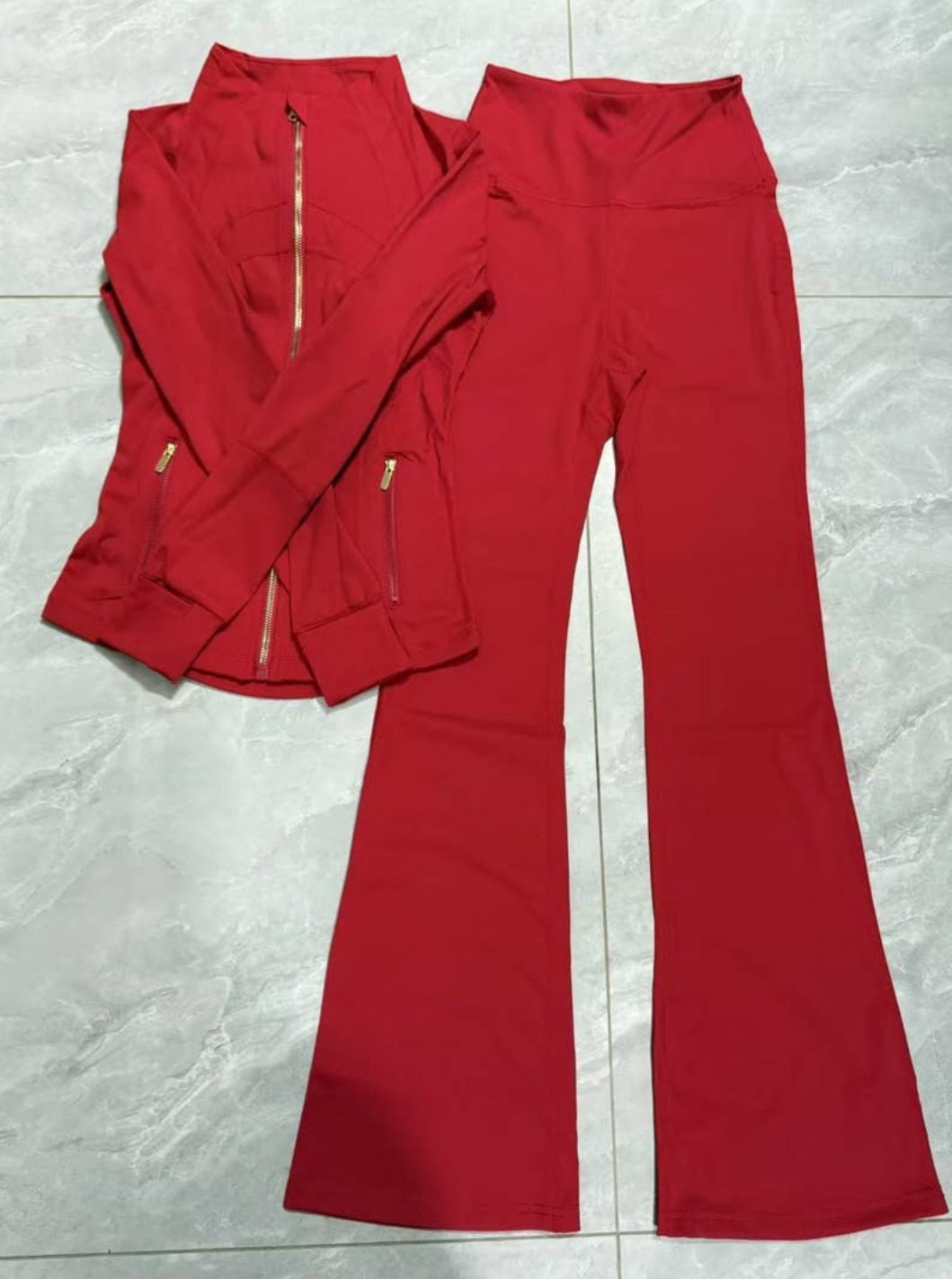 Gold Zipper 2 Piece Red Active-Wear Jacket and Pants Set