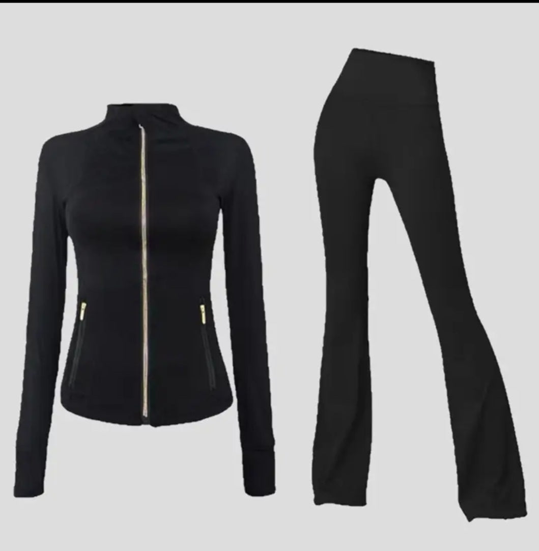 High-Waist Flare Leggings with Stand Collar Jacket Set