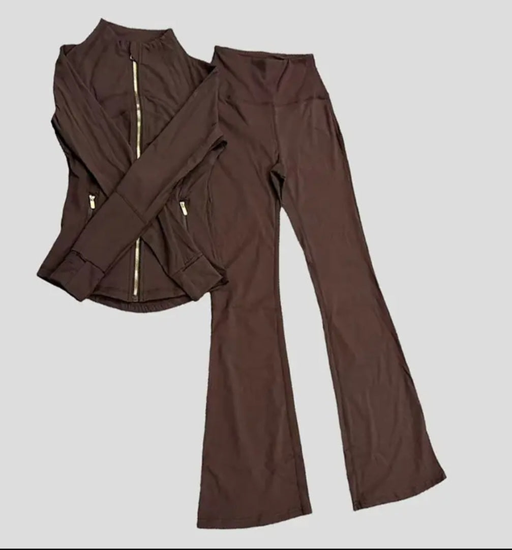 High-Waist Flare Leggings with Stand Collar Jacket Set